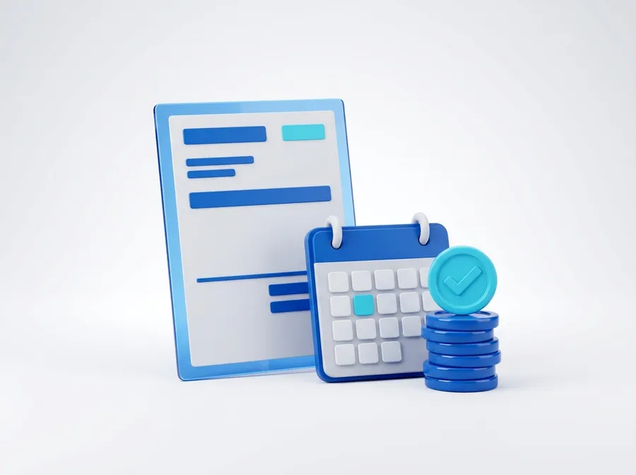 Ilustrasi invoice, kalender billing, dan tumpukan koin