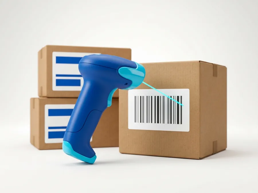 Ilustrasi barcode scanner dan box barang