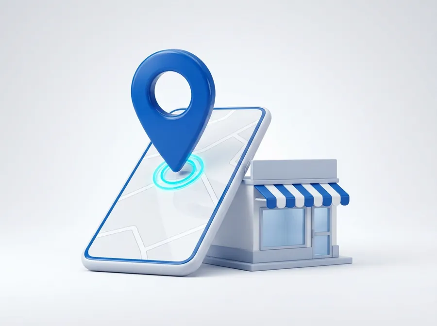 Ilustrasi pin lokasi di smartphone dan toko customer
