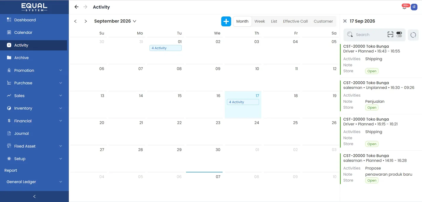 Activity calendar EQUAL berisi jadwal visit salesman dan driver