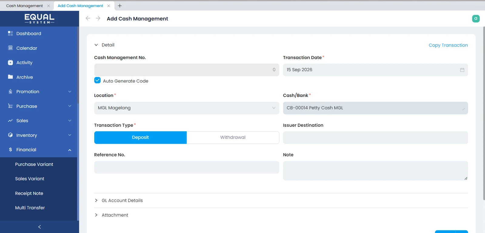 Form Add Cash Management di EQUAL System