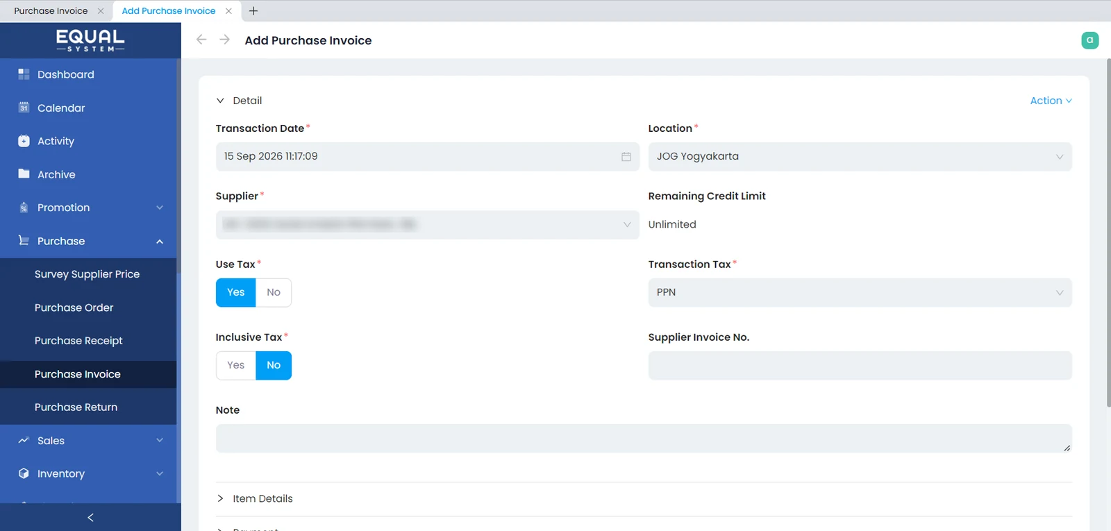 Tampilan form Add Purchase Invoice di EQUAL System