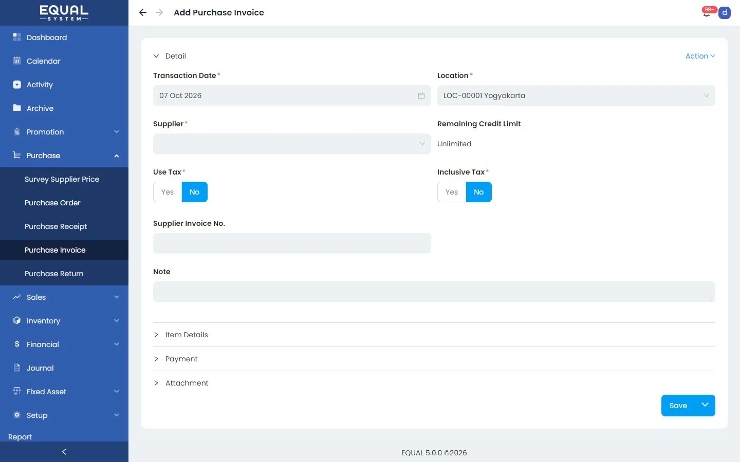 Tampilan form Add Purchase Invoice di EQUAL System